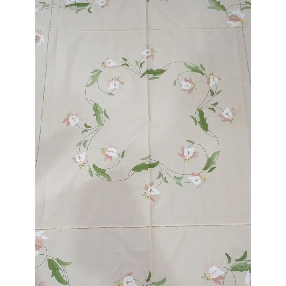 Floral Applique and Embroidered Beige Round Tablecloth, 68